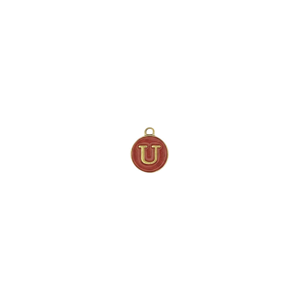 Small round red letter U charm centered on a black background.