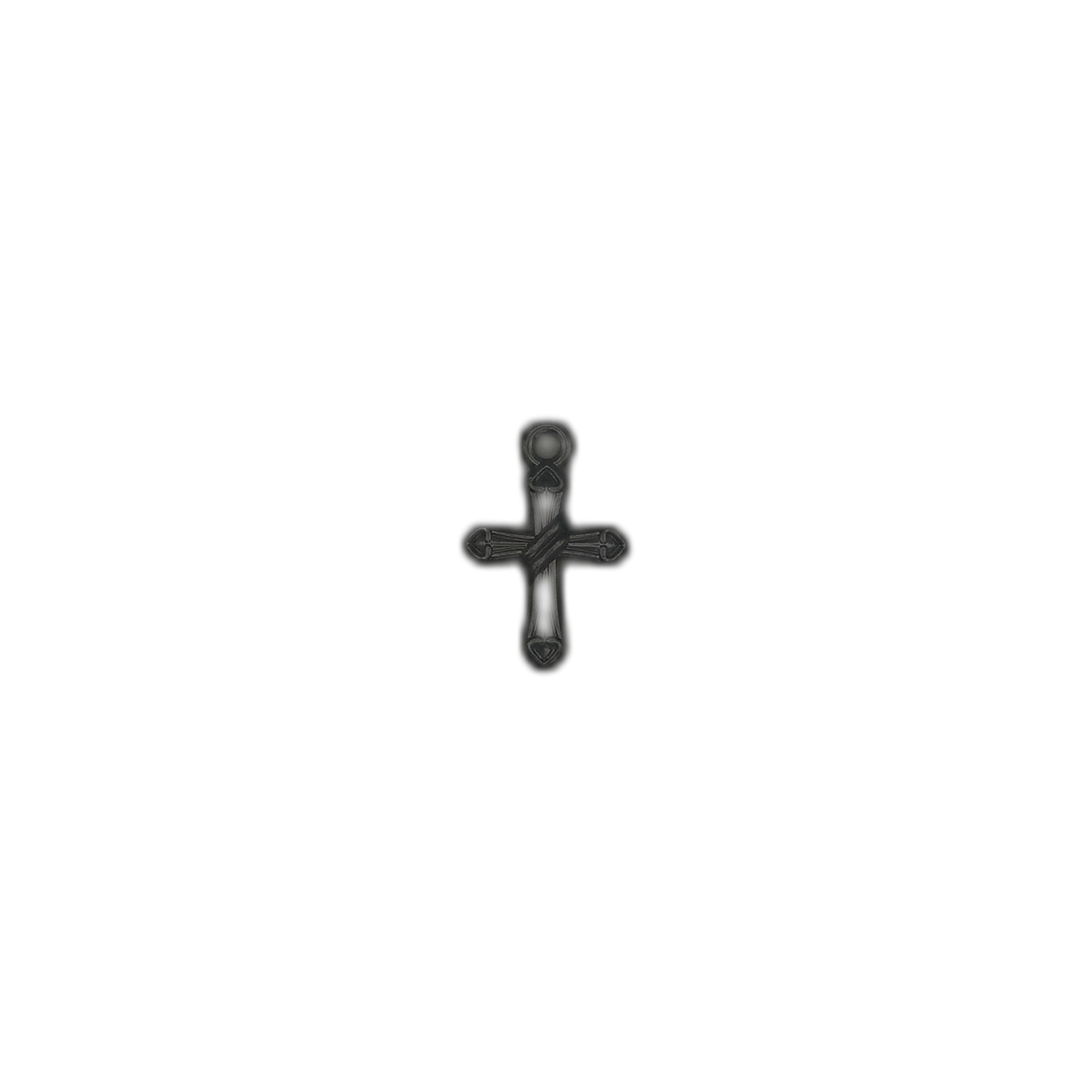 black cross charm with carved details centered on a black background