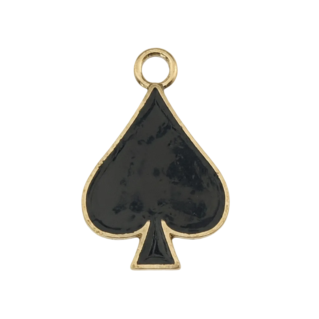 close-up of a black enamel spade charm with a gold outline on a black background