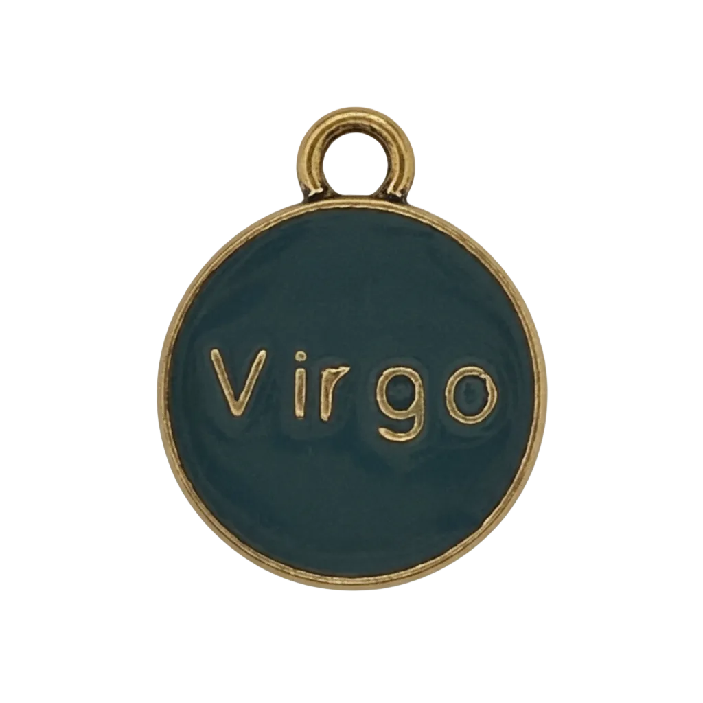round teal enamel charm with 'Virgo' in gold