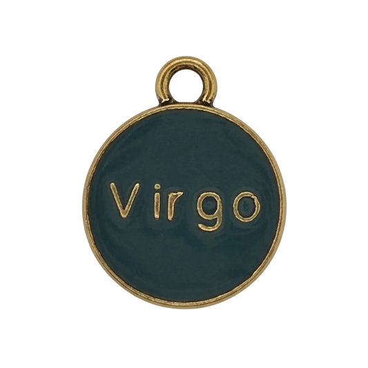 round teal enamel charm with 'Virgo' in gold