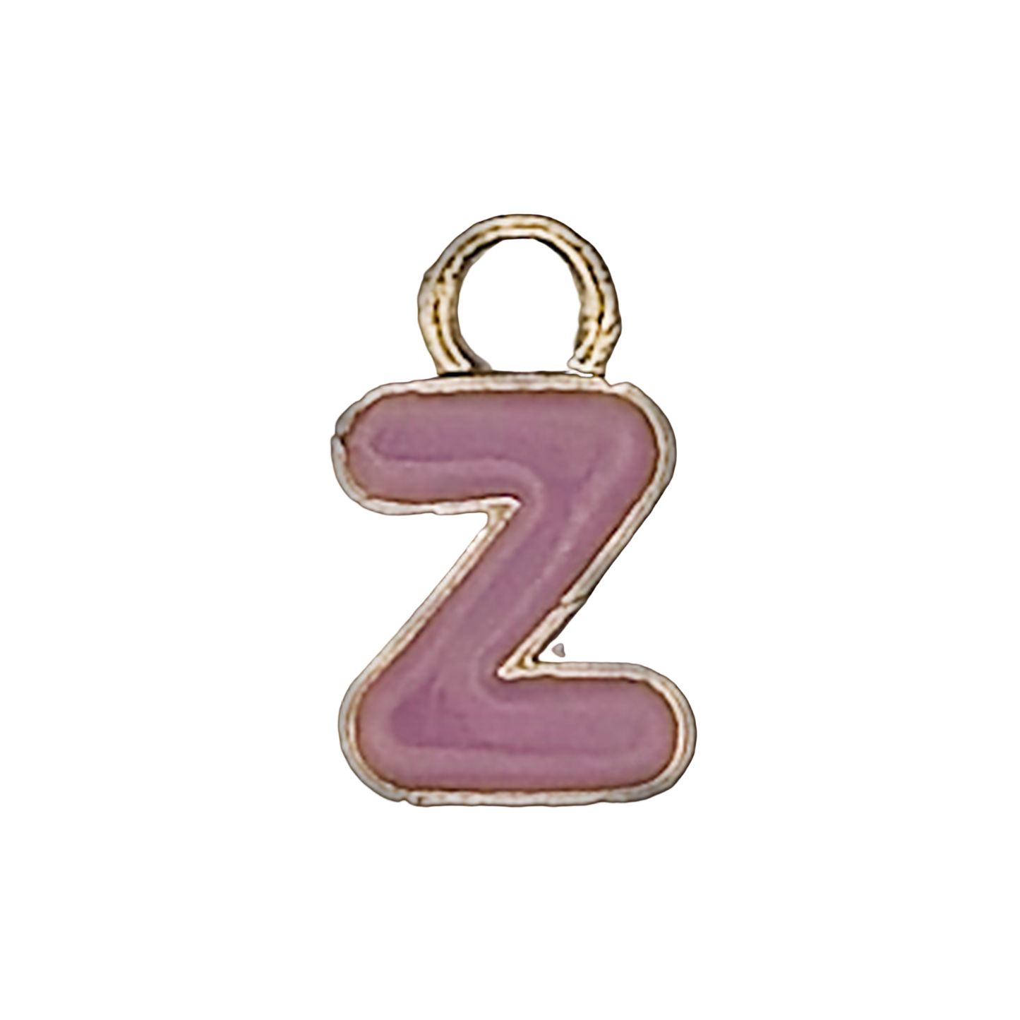 close-up of a small pink enamel letter Z charm with gold outline on a black background