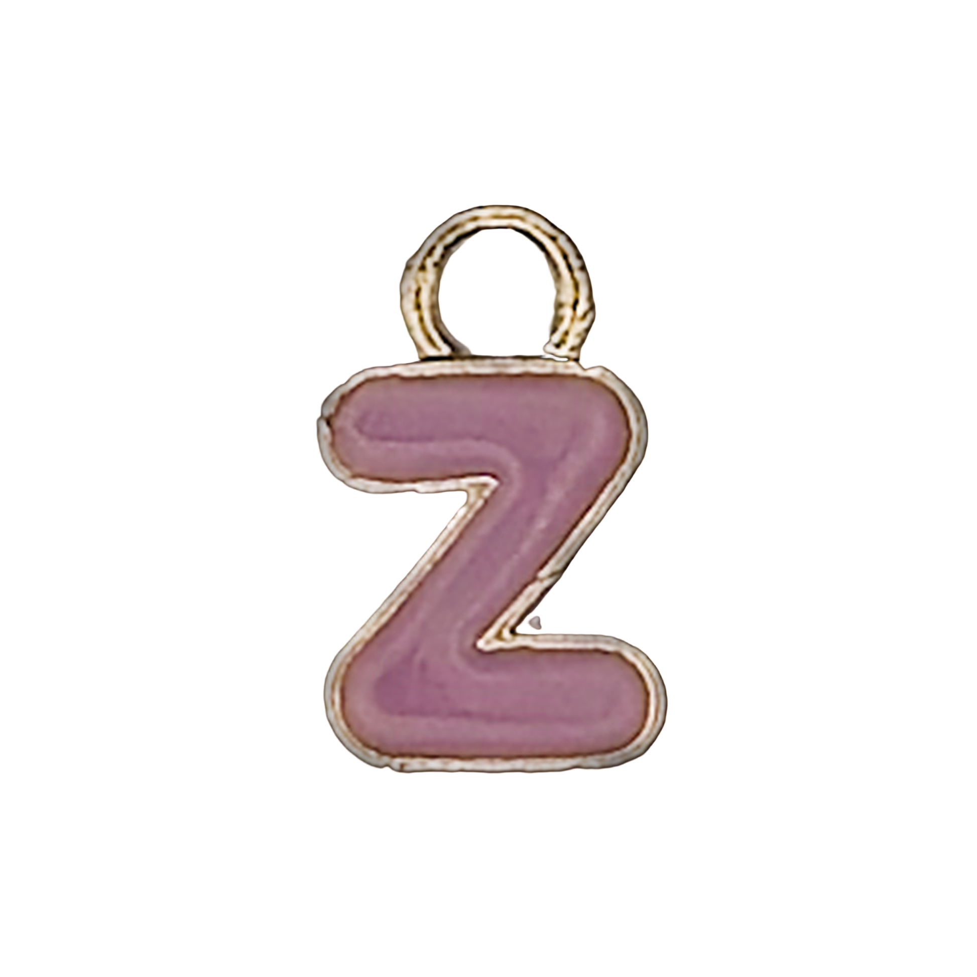 close-up of a small pink enamel letter Z charm with gold outline on a black background