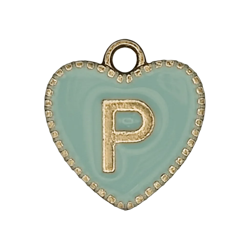 close-up of mint heart-shaped charm with gold letter P on black background