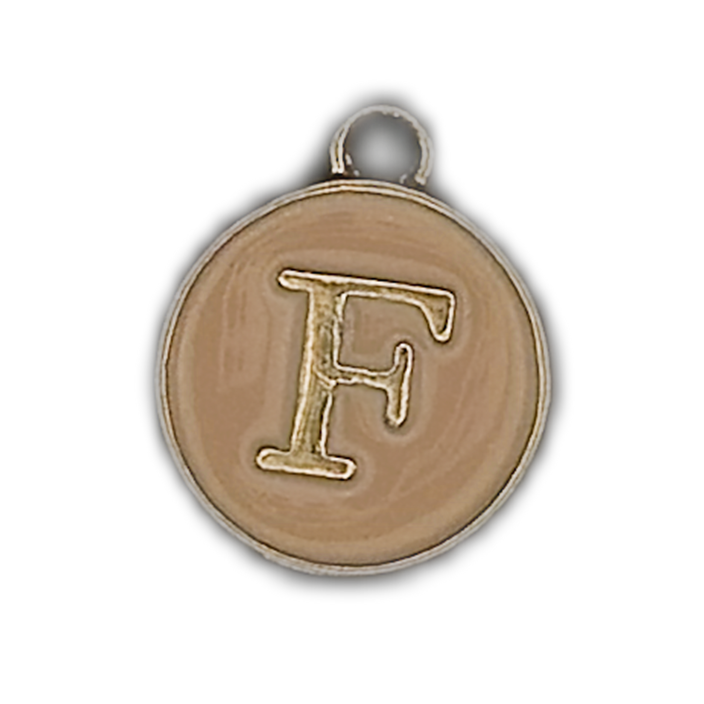 close-up of round beige charm with gold letter F