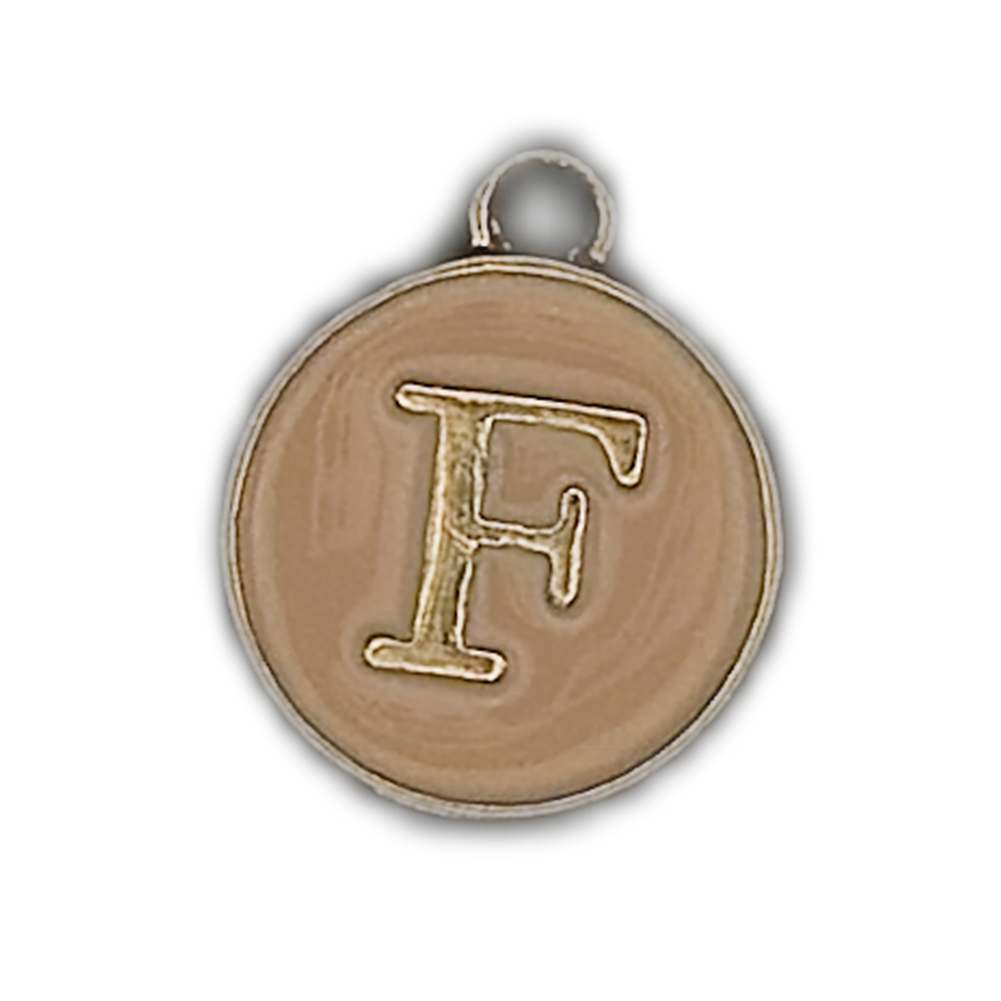 close-up of round beige charm with gold letter F