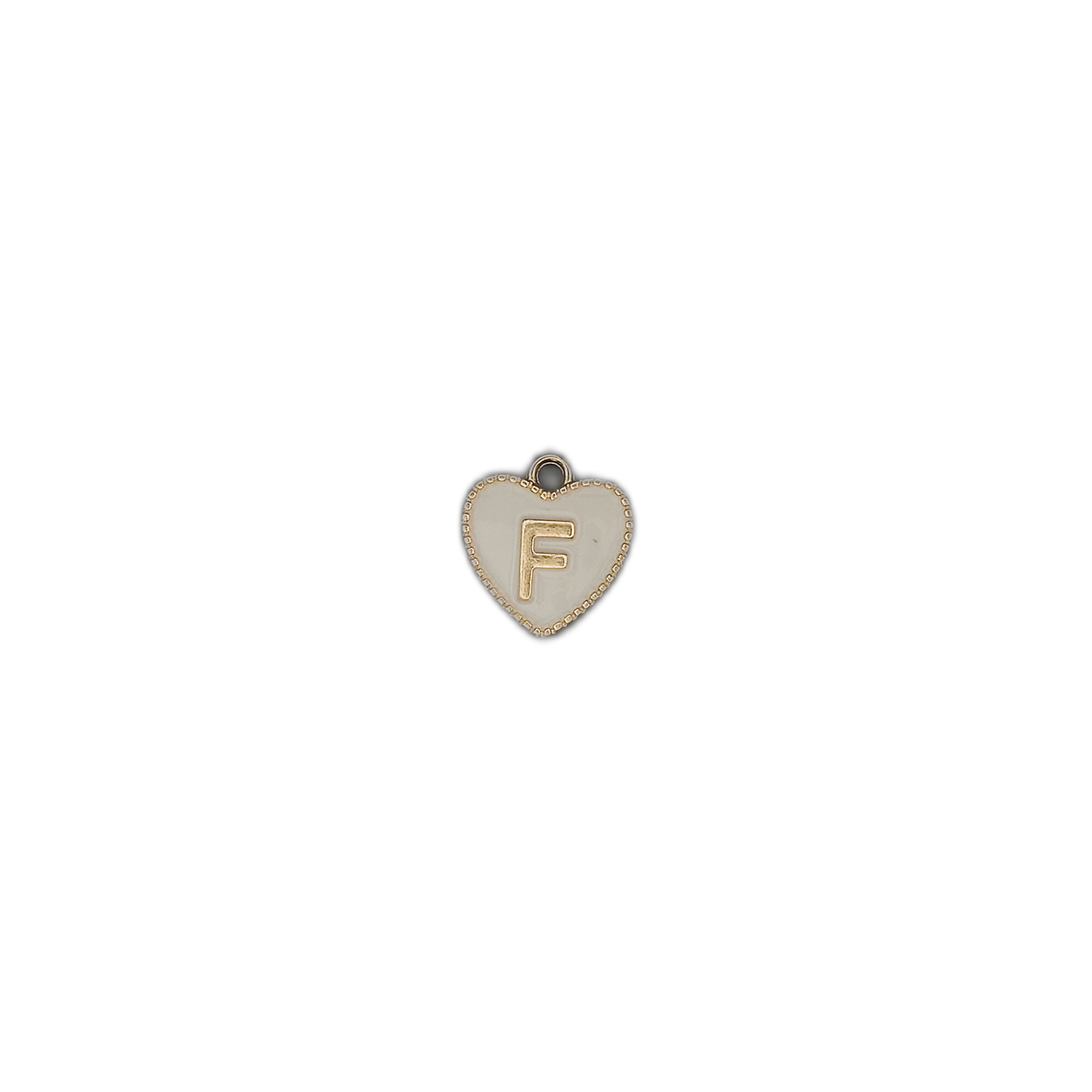 small white enamel heart charm with gold letter F on black background