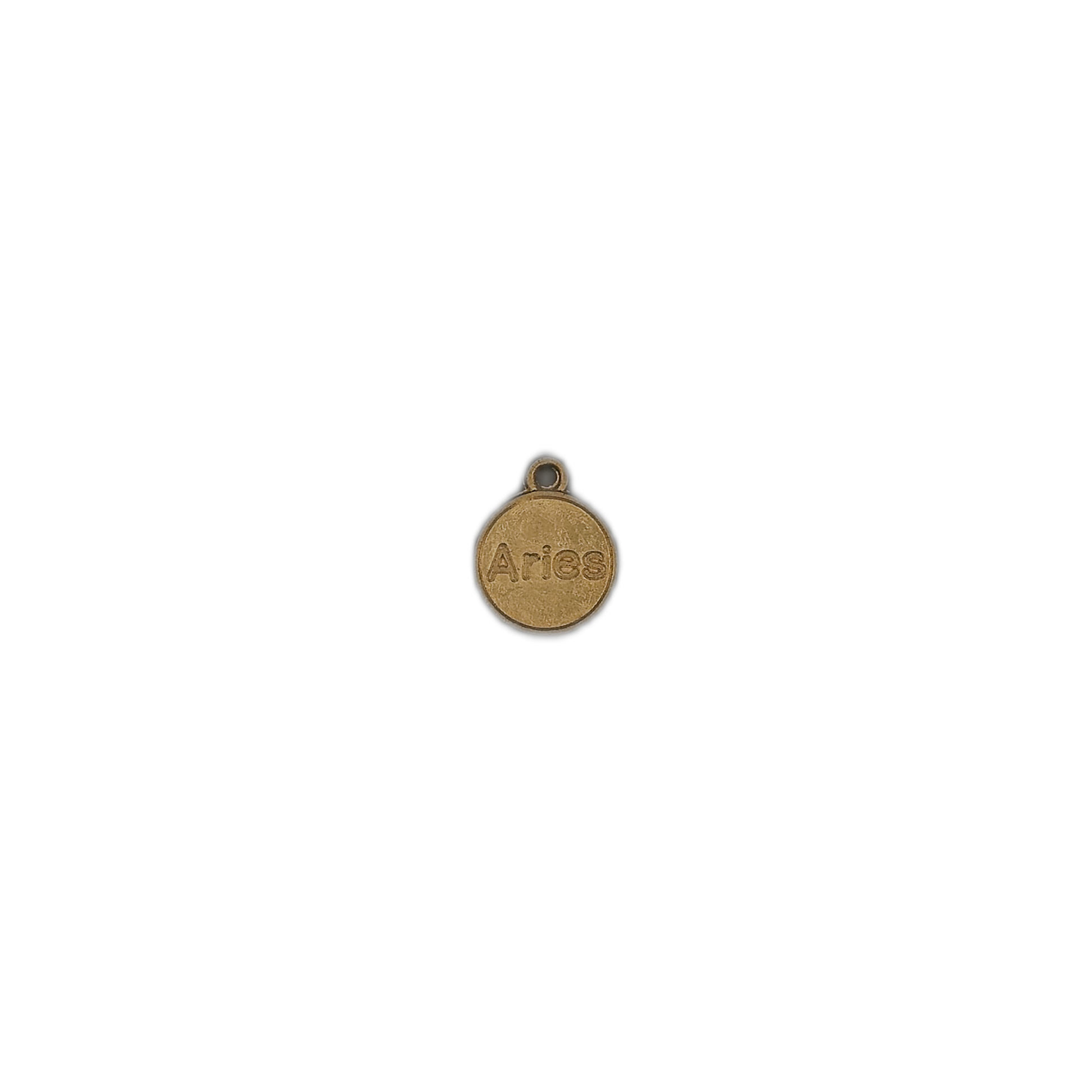 small round gold-tone Aries charm centered on a black background