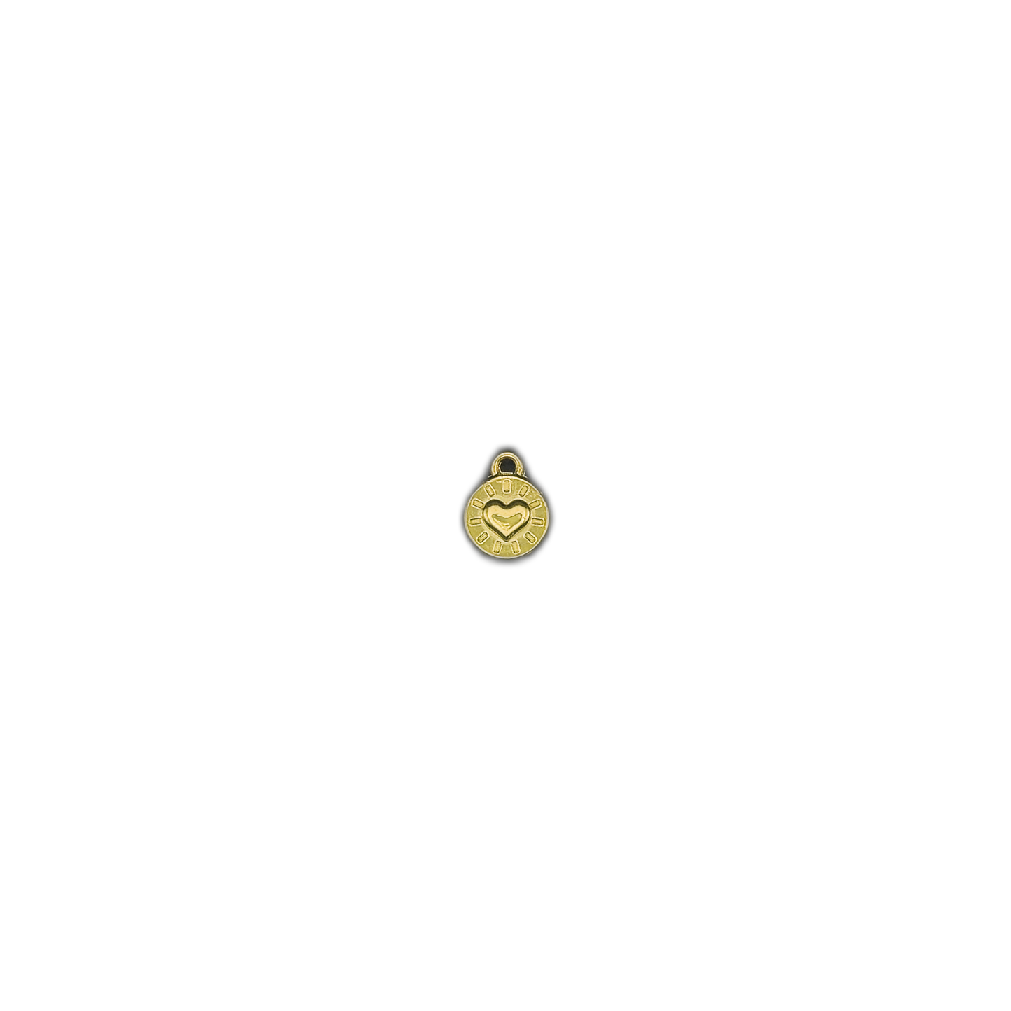 small gold-tone heart disc charm centered on a black background