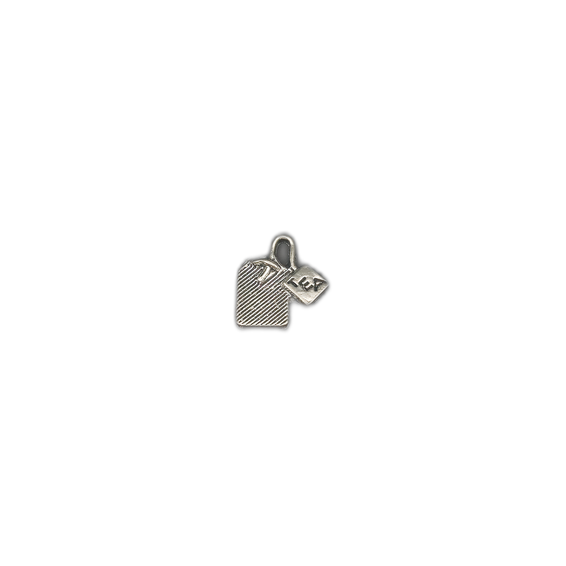 Small silver tea bag charm centered on a black background.