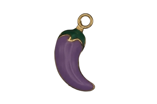 close-up of a purple enamel chili pepper charm with green cap and gold accents on a black background