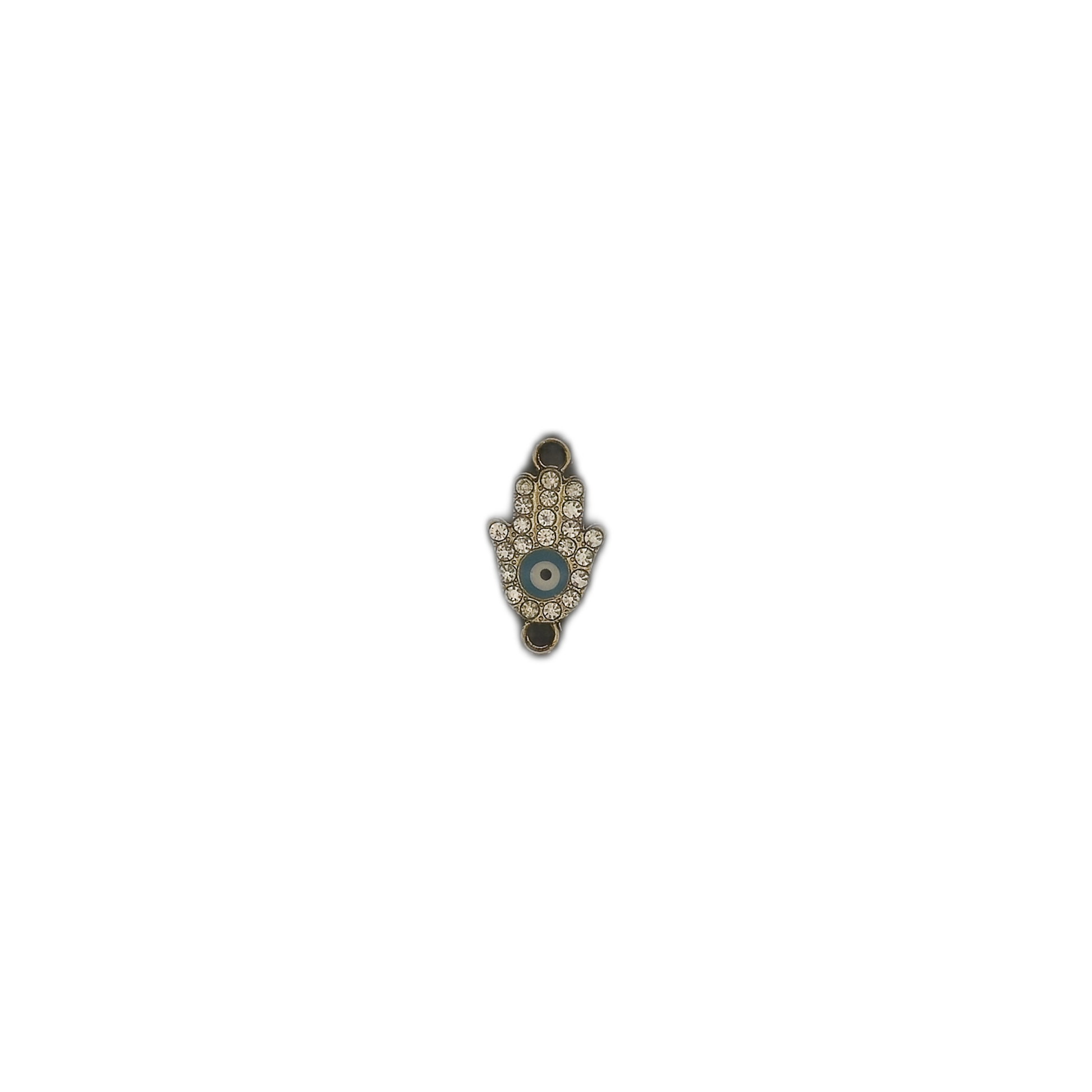 small hamsa hand charm with rhinestones and blue evil eye centered on black background
