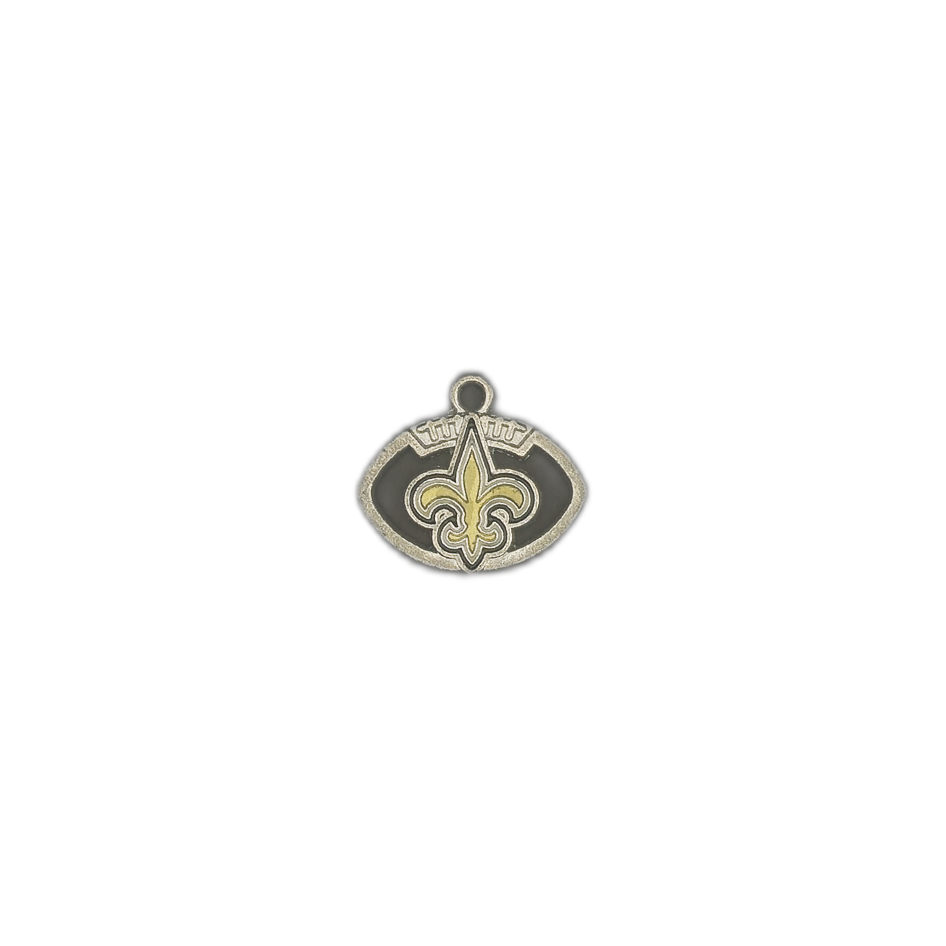 small silver football charm with black background and gold fleur-de-lis centered