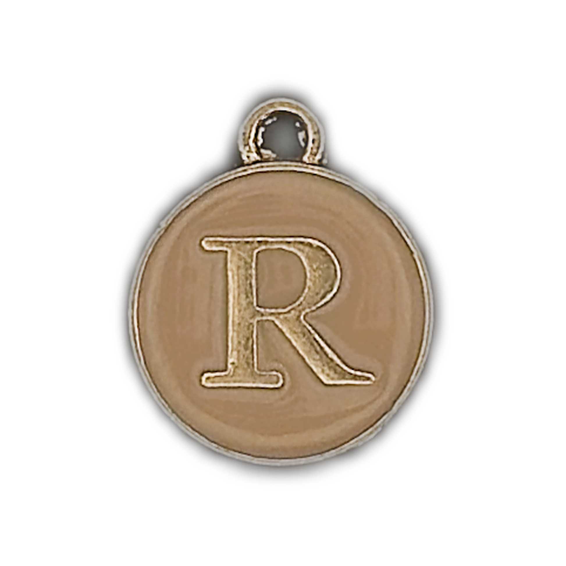 Close-up of a round charm with the letter R in gold on a tan background.
