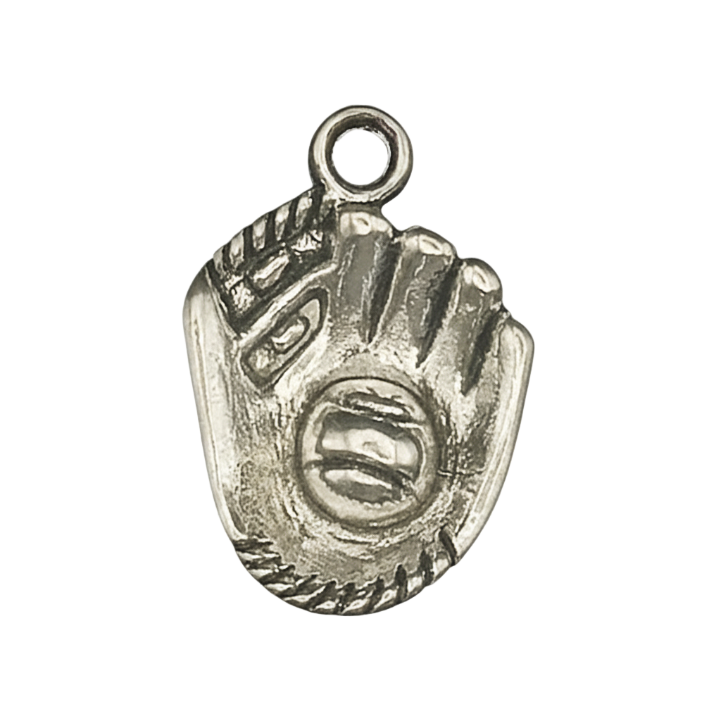 Close-up of silver baseball glove charm with ball