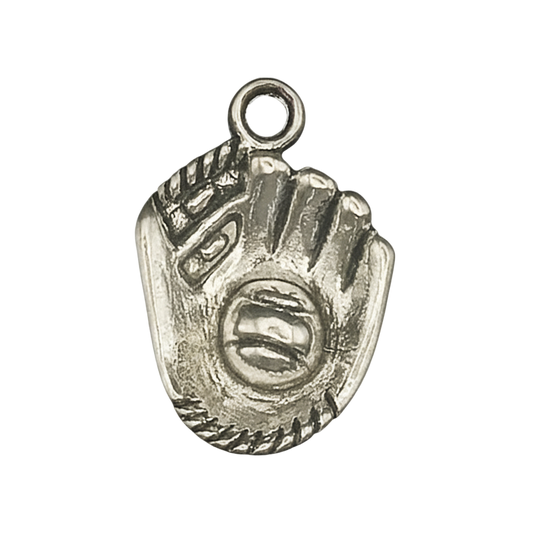 Close-up of silver baseball glove charm with ball