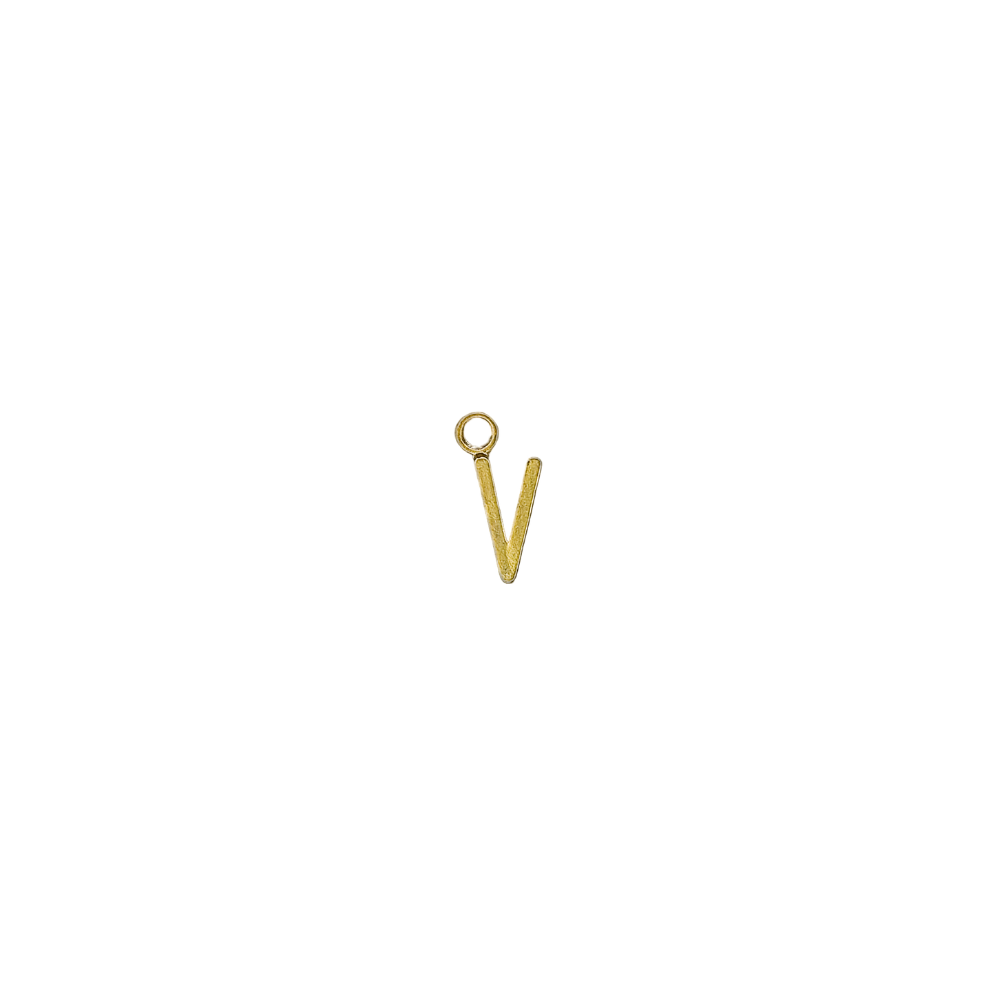 gold lowercase v initial charm on black background