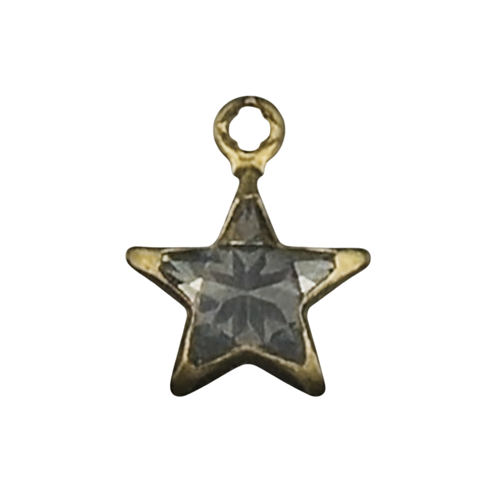 close-up of a small gold-tone star charm set with a gray faceted stone on a black background