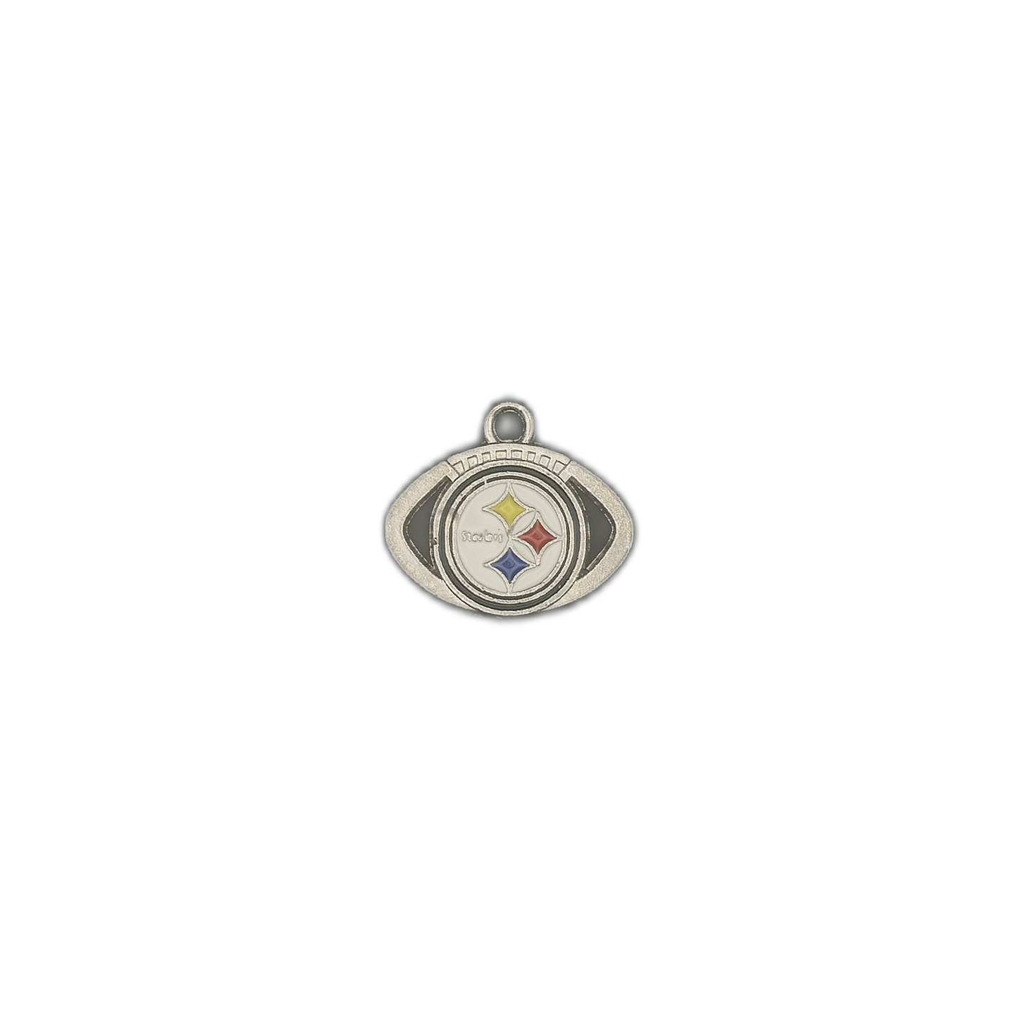 Small football-shaped metal charm on a black background.