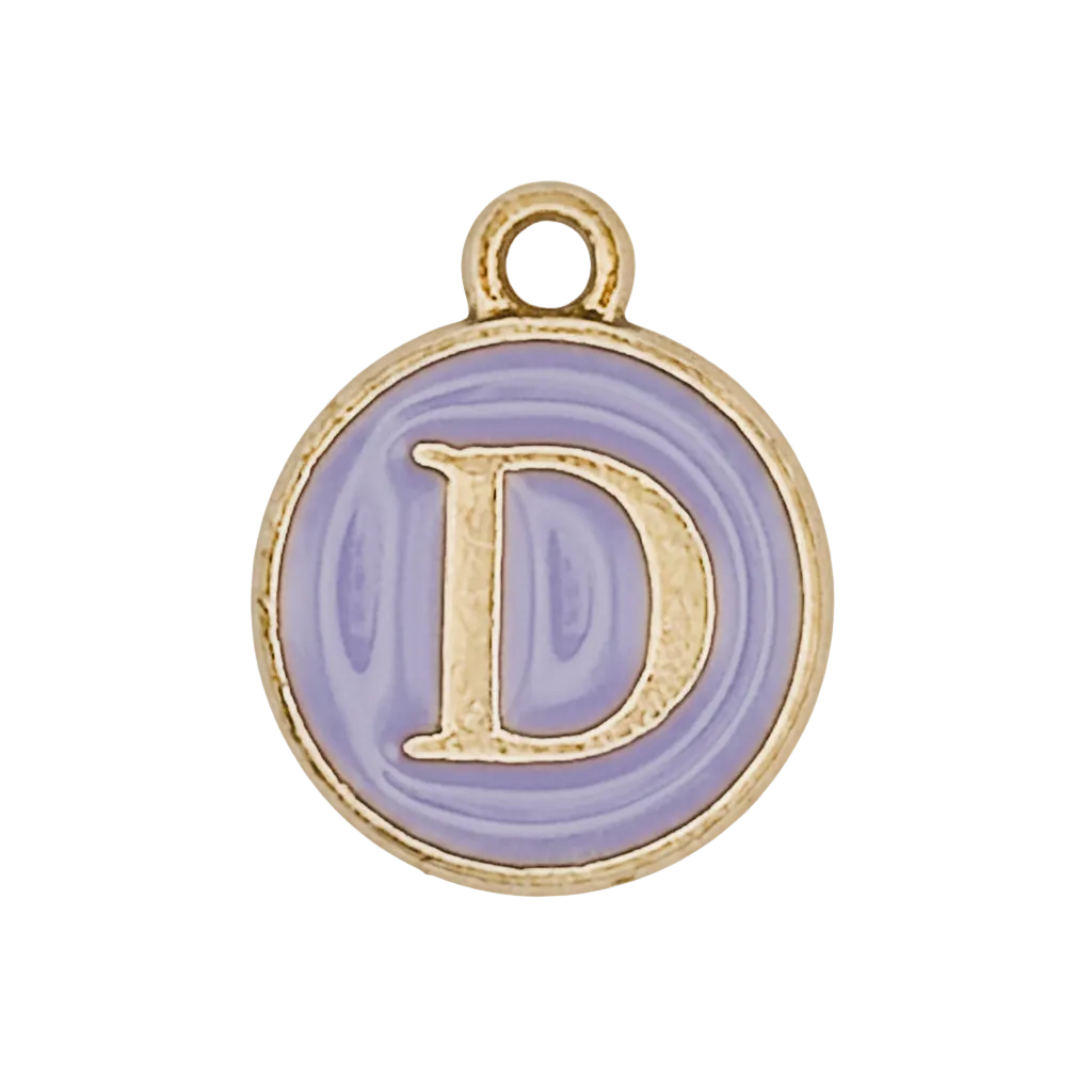 Close-up of round lavender enamel charm with gold letter D and gold rim.