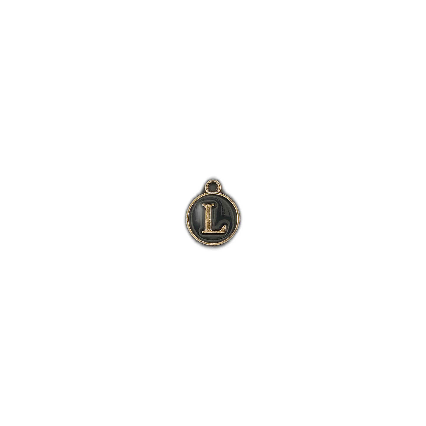 small round black-and-gold letter L charm on a black background