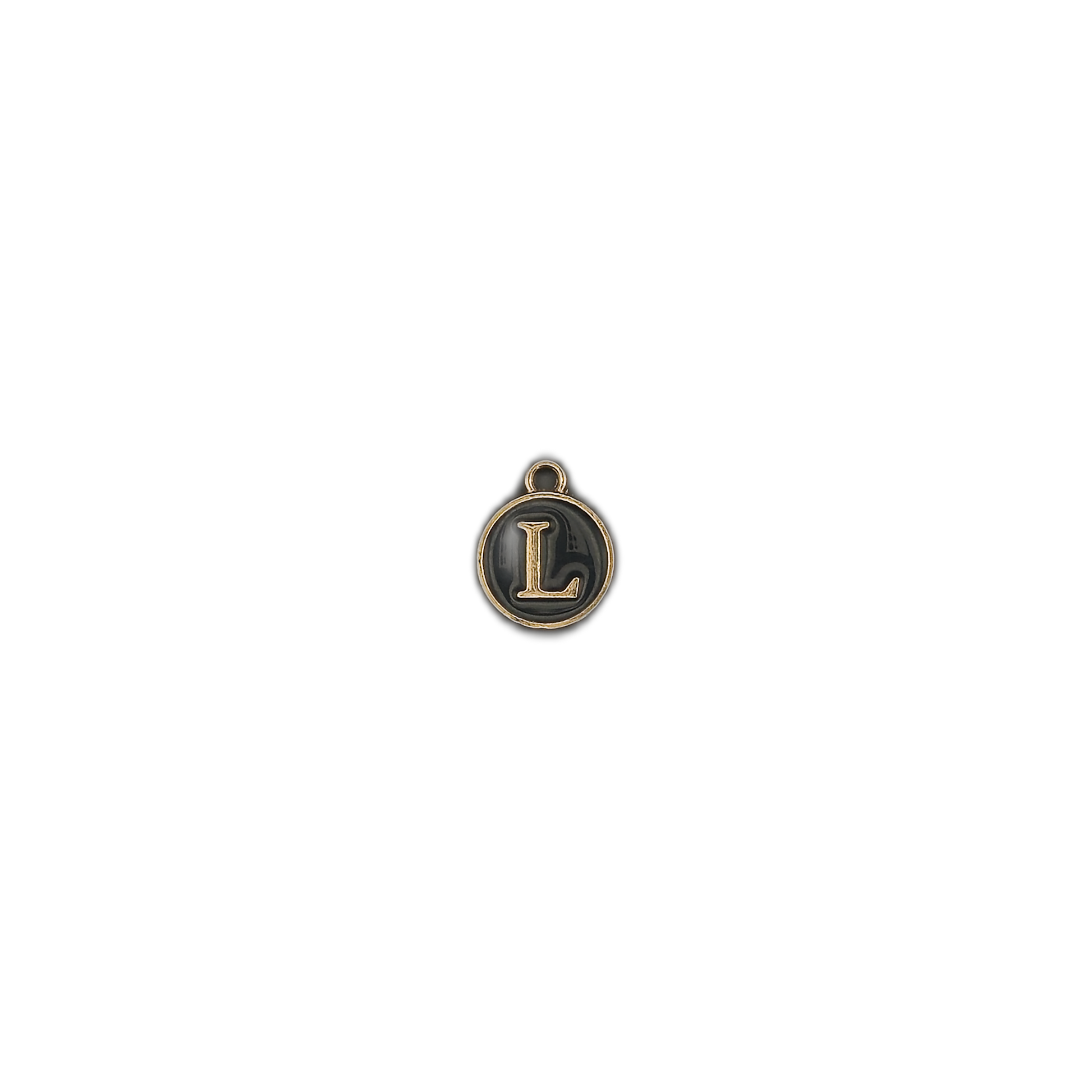 small round black-and-gold letter L charm on a black background