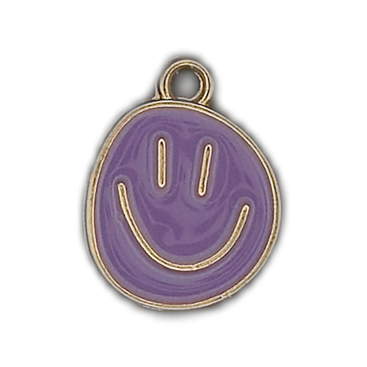 Close-up of a purple smiley face charm with gold outline on a black background.