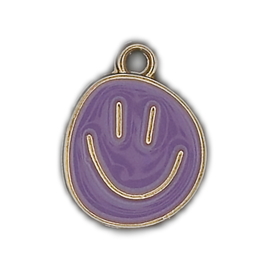 Close-up of a purple smiley face charm with gold outline on a black background.