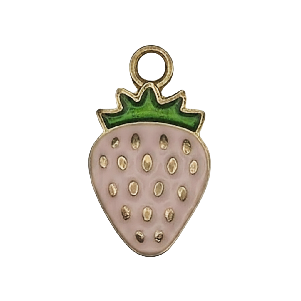 close-up pink strawberry enamel charm with green top and gold outline