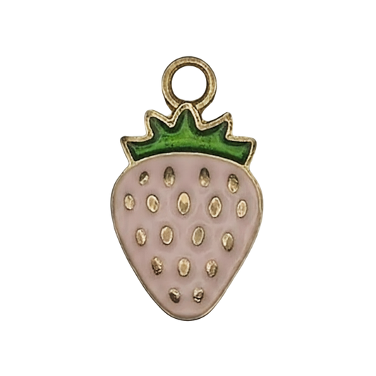 close-up pink strawberry enamel charm with green top and gold outline