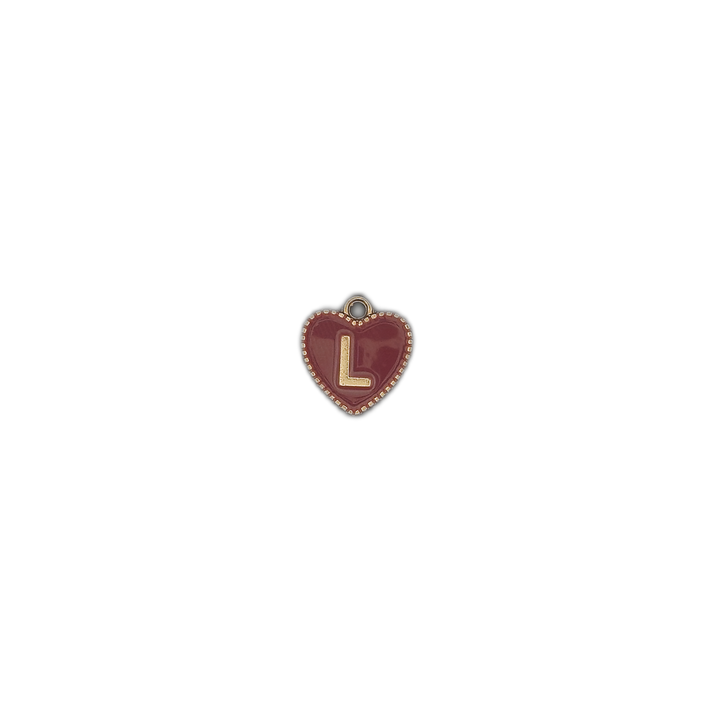 small burgundy heart charm with gold letter L on a black background