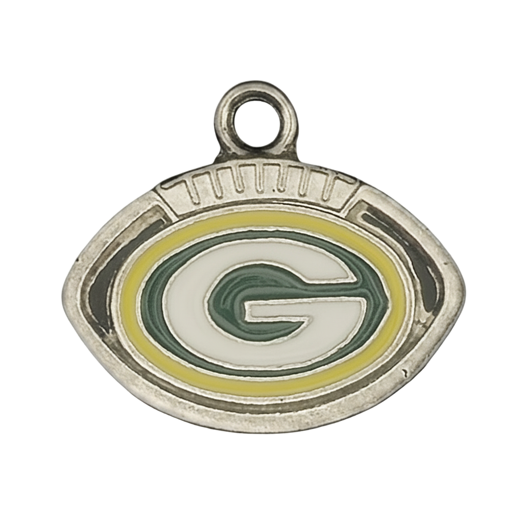 close-up of oval football charm with green and yellow G emblem