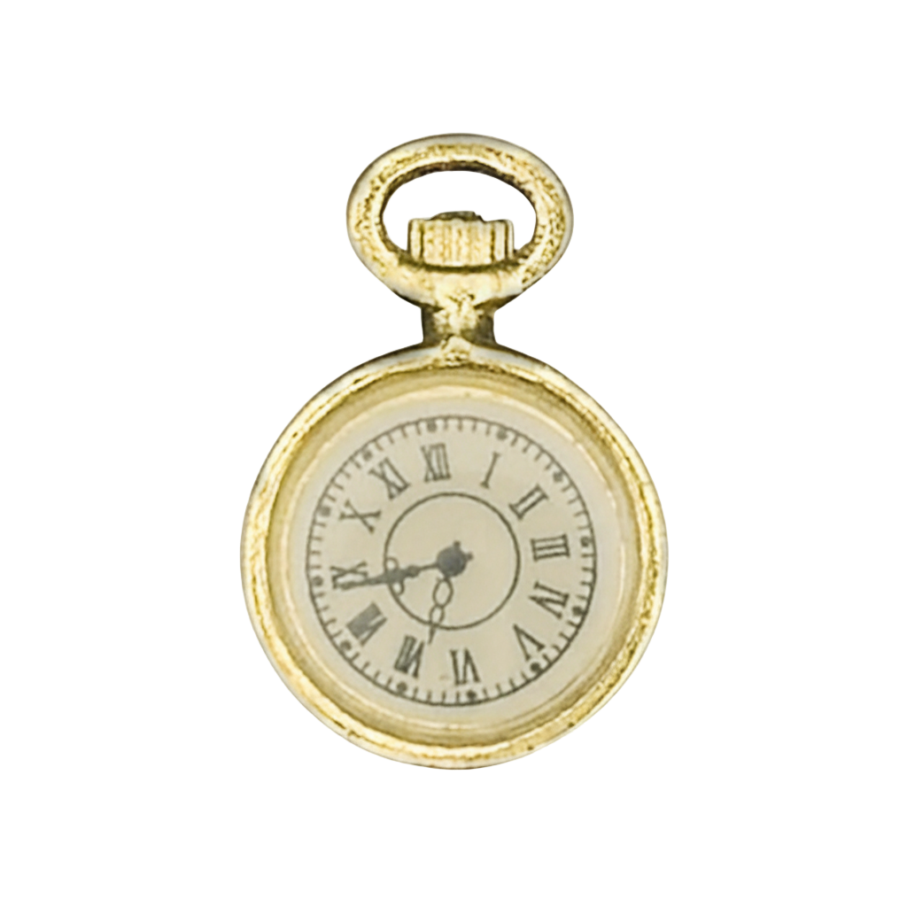 close-up of a small gold pocket watch charm with white face and roman numerals on a black background