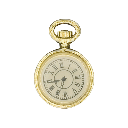 close-up of a small gold pocket watch charm with white face and roman numerals on a black background
