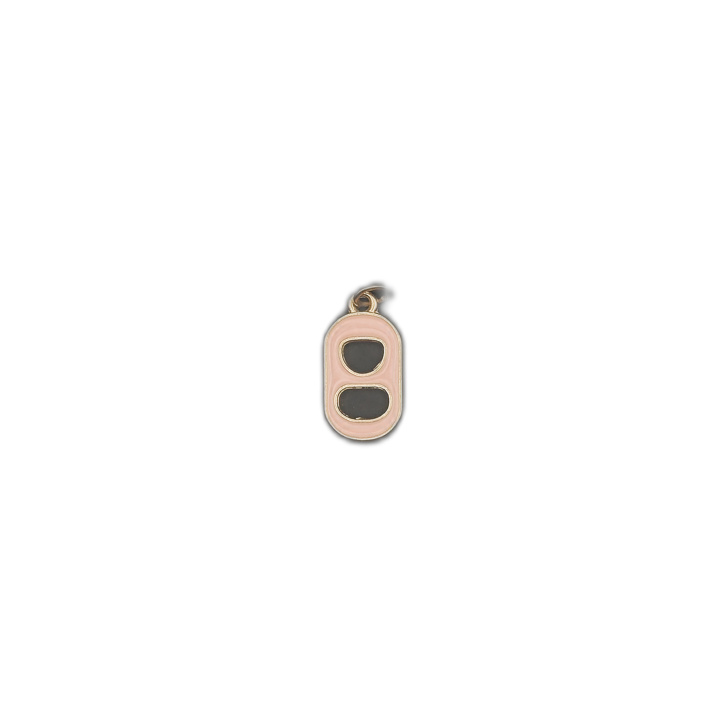 Small gold-tone soda tab charm with pink and black enamel on a black background.