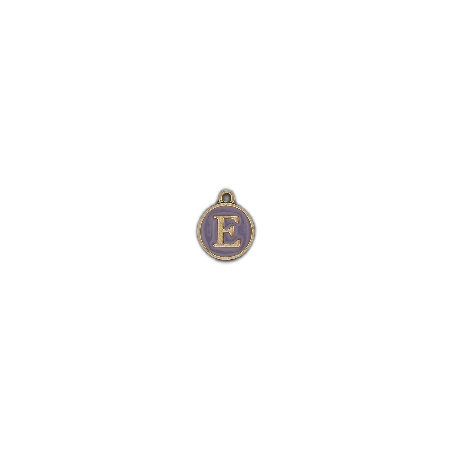 Small round letter E charm centered on black background.