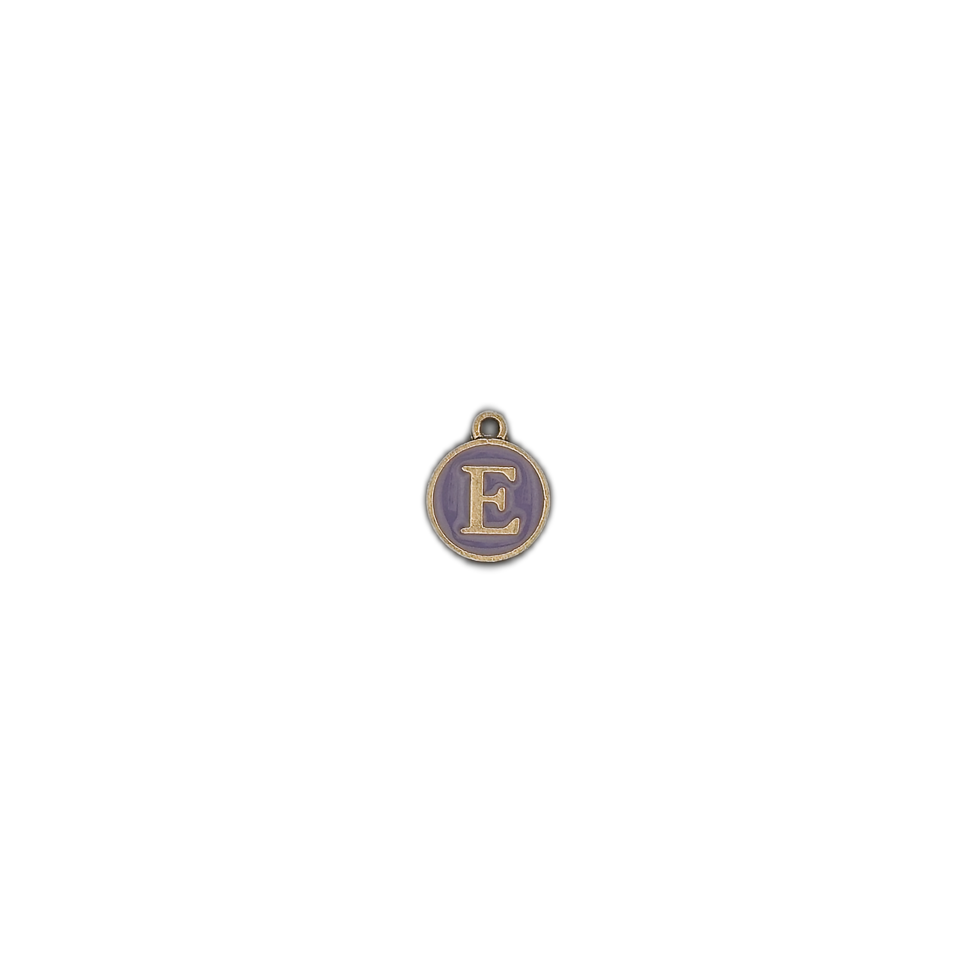 Small round letter E charm centered on black background.