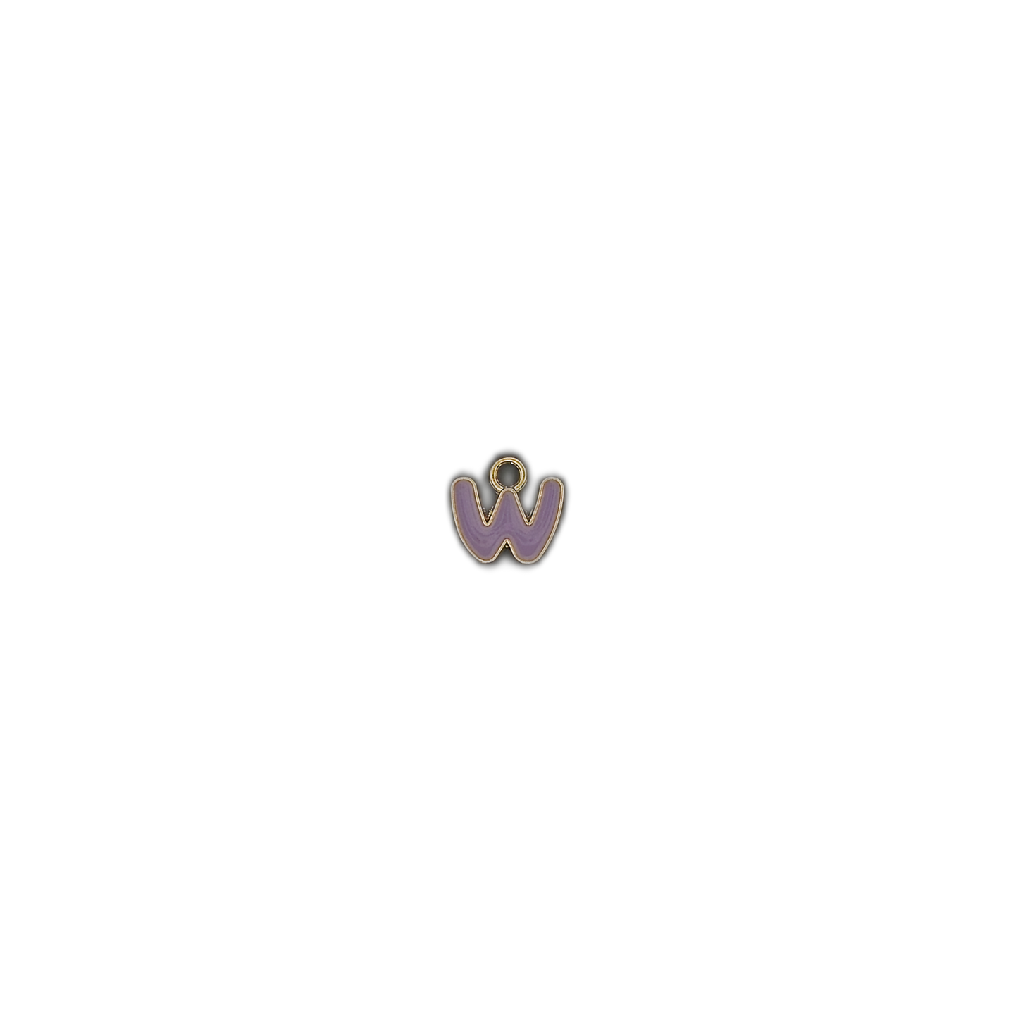 small purple letter W charm centered on a black background