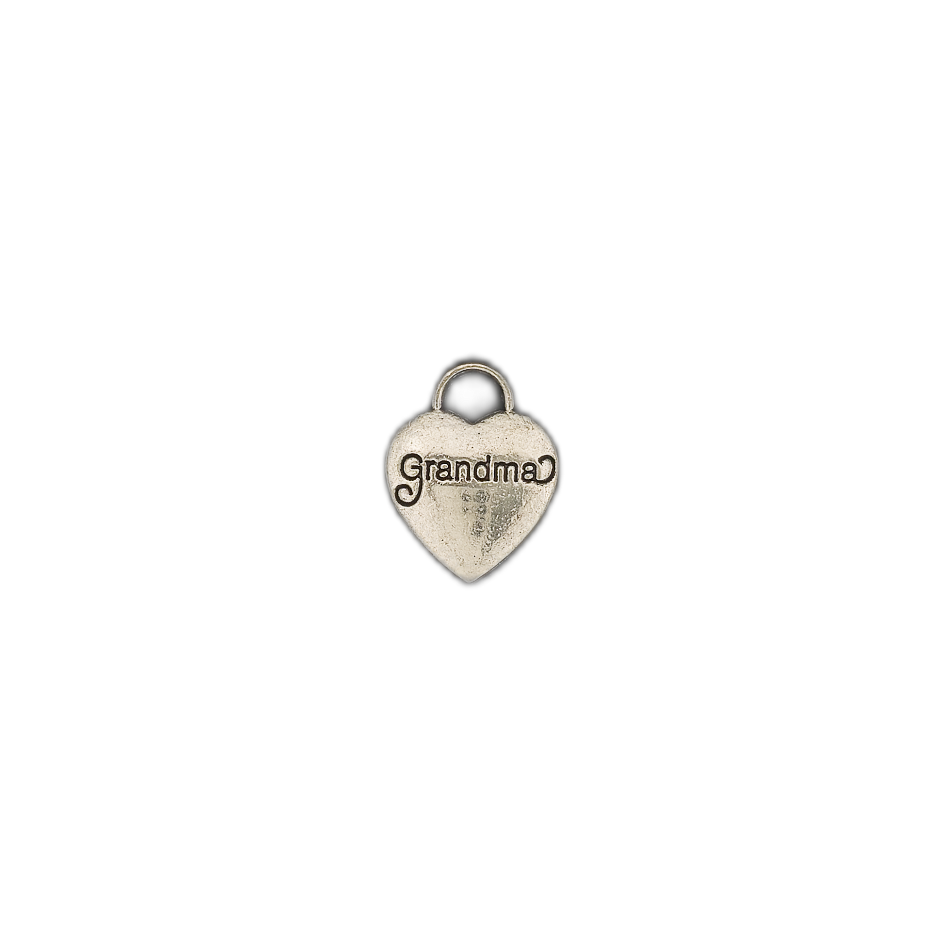 small silver heart charm with the word 'Grandma' centered on a black background