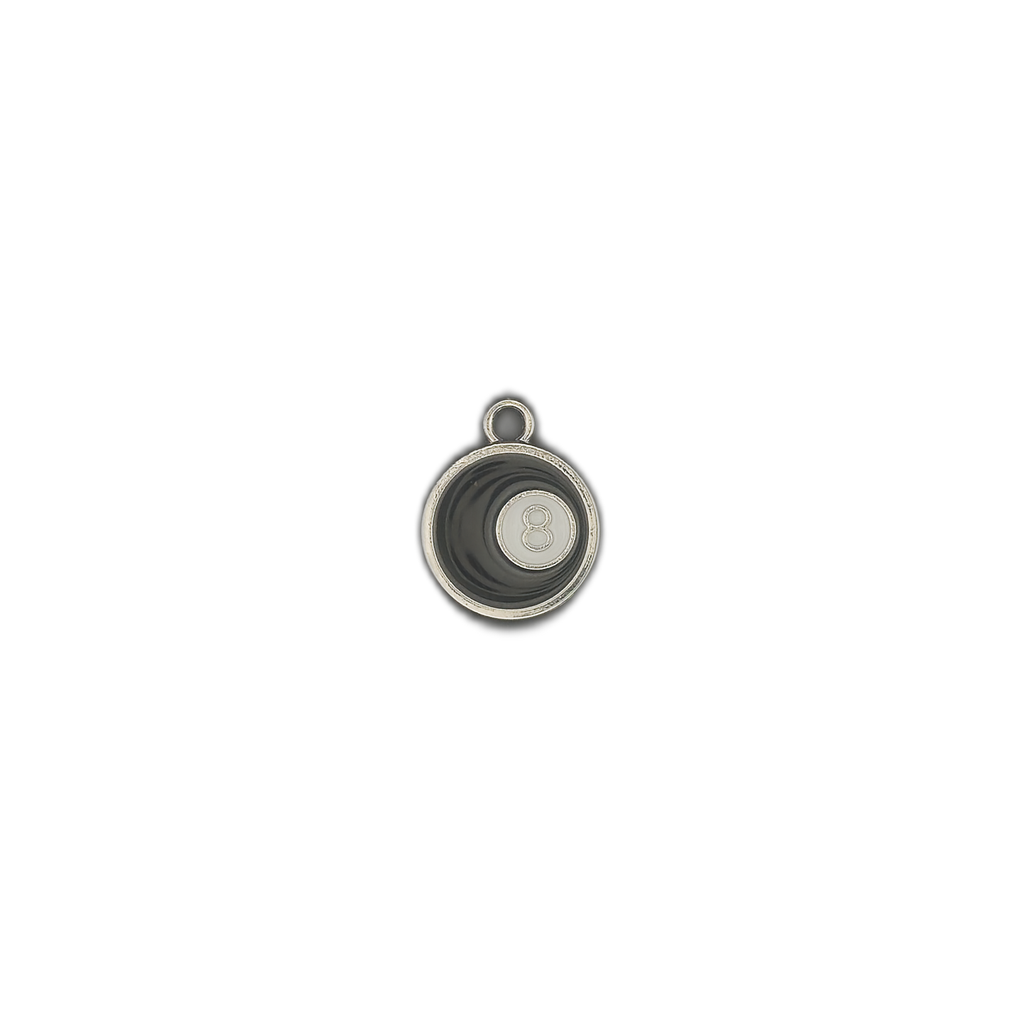 small black eight ball charm centered on black background