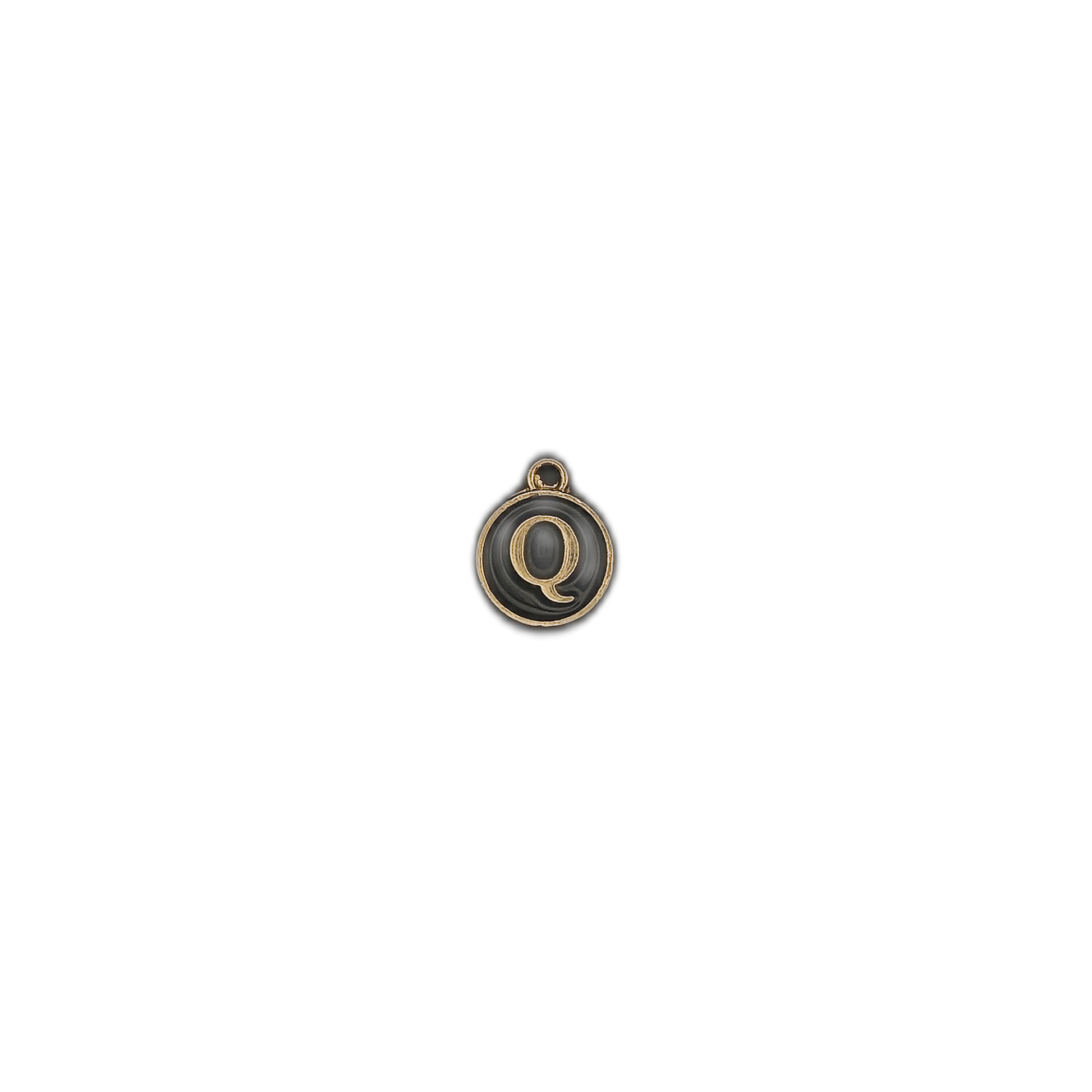 small round black and gold Q letter charm on a black background