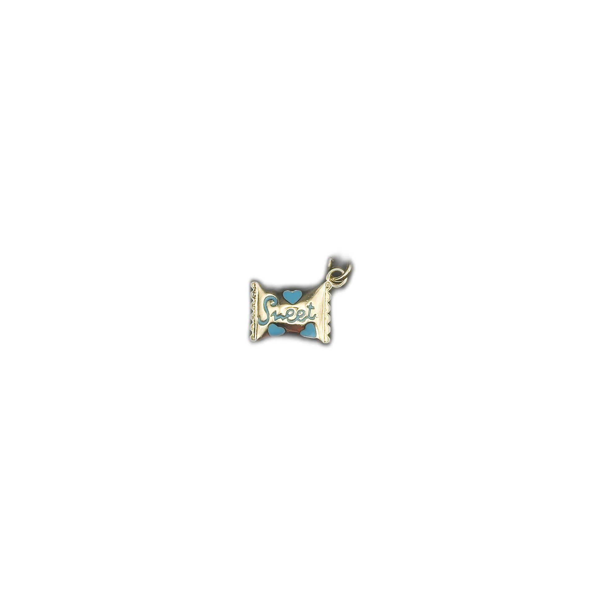 small gold candy wrapper charm reading Sweet centered on a black background