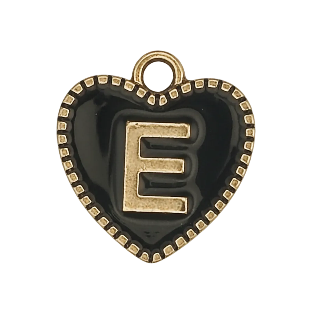close-up of black heart charm with gold letter E and dotted border