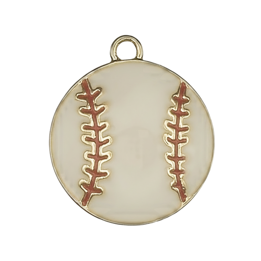 close-up of white enamel baseball charm with red stitching and gold-tone edge on a black background