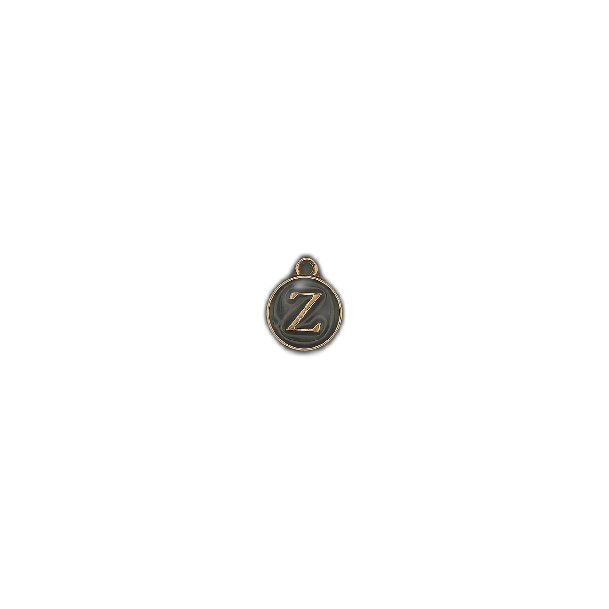 Small round black and gold letter Z charm on a plain background.