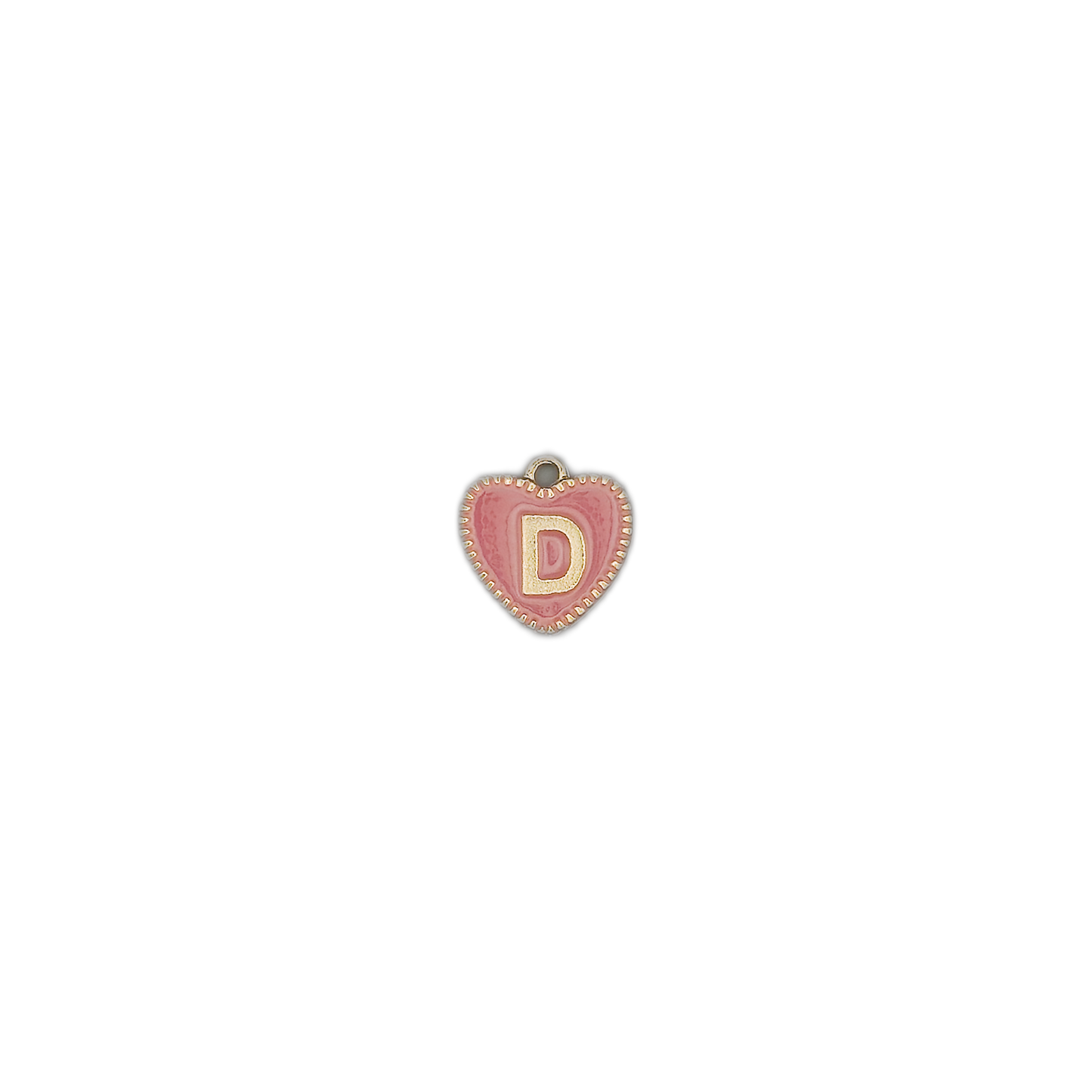Small pink heart charm with a gold-tone letter D centered on a black background.