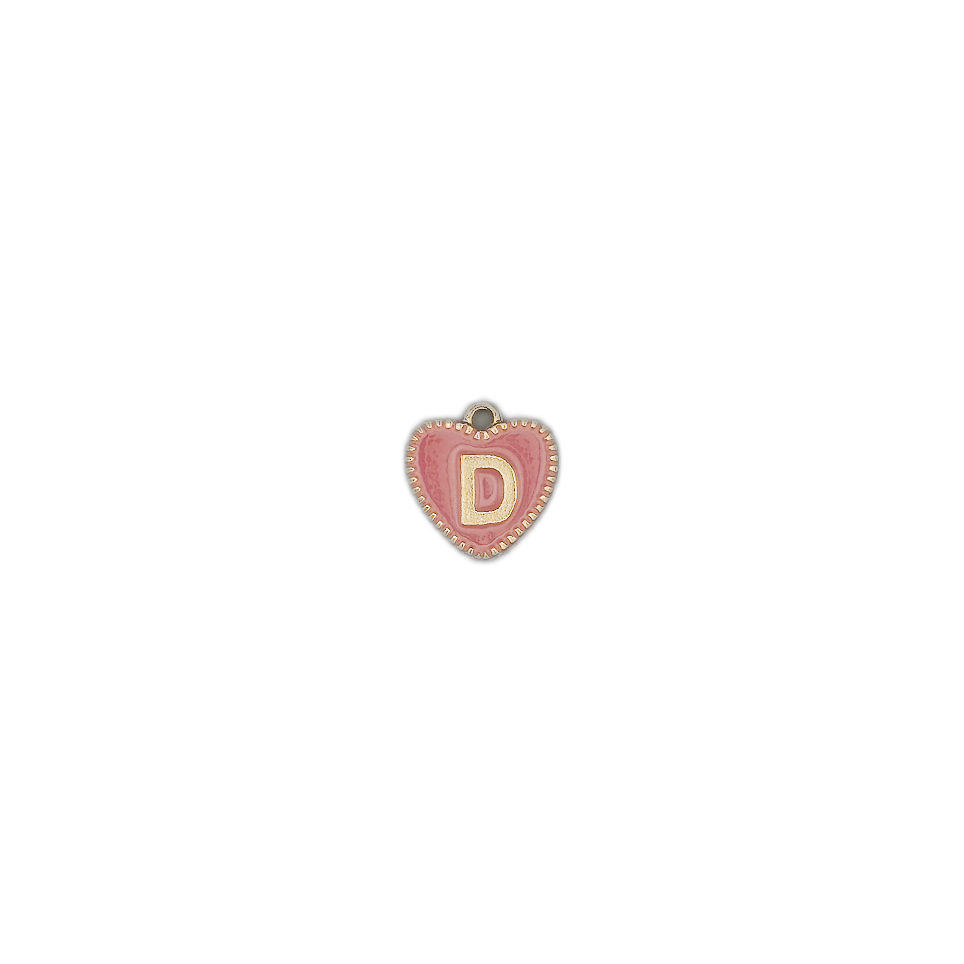 Small pink heart charm with a gold-tone letter D centered on a black background.