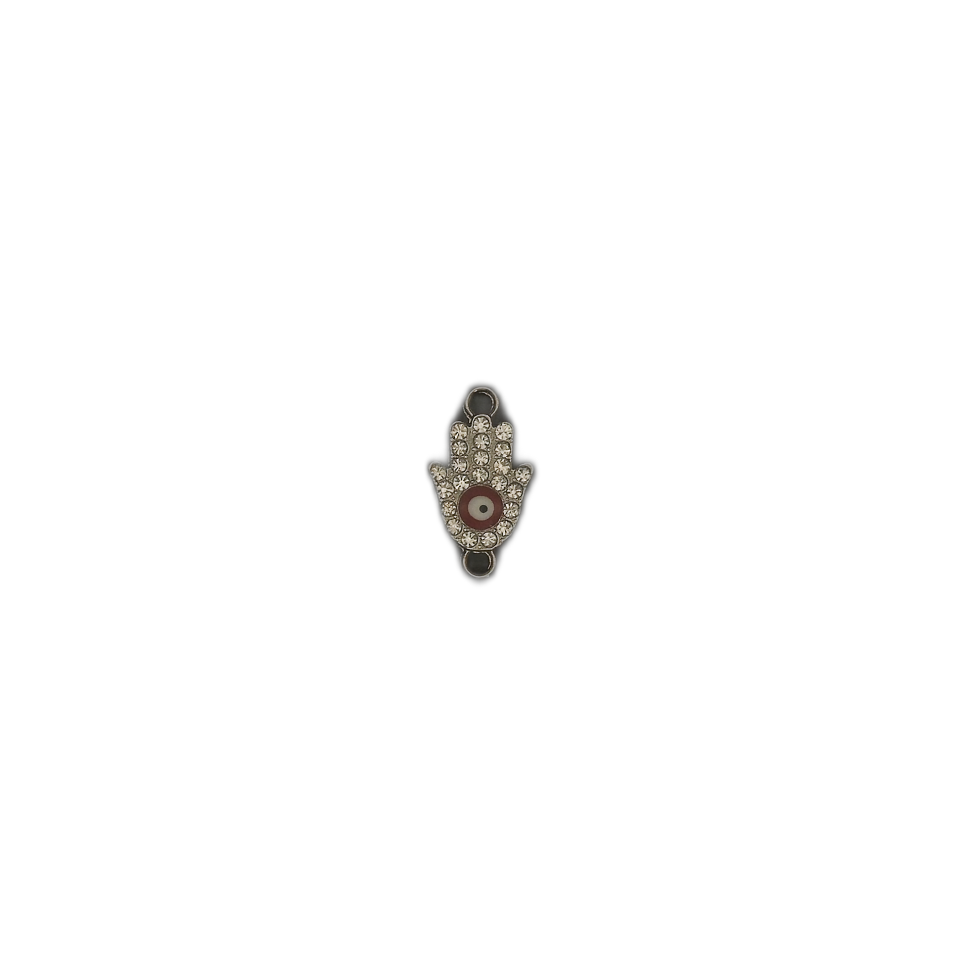 full view of a rhinestone Hamsa hand charm centered on a black background