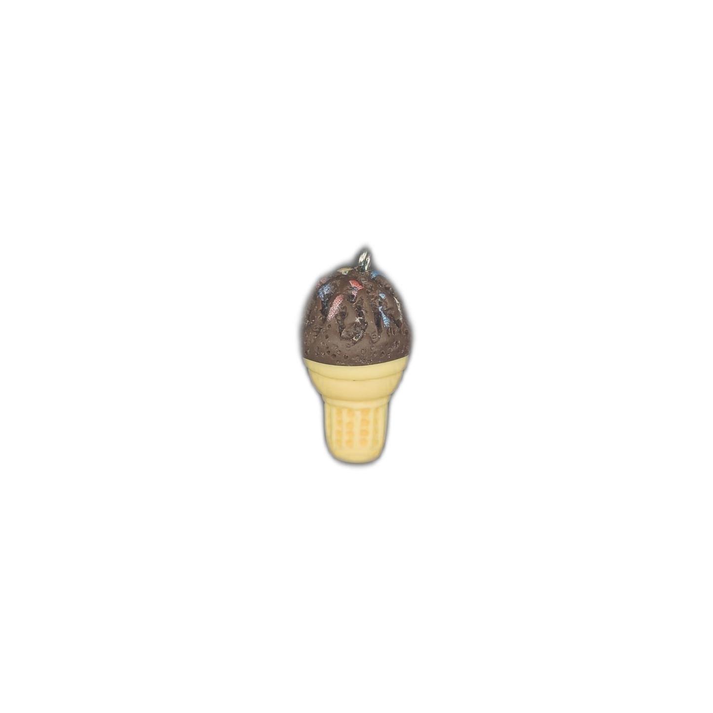 small chocolate ice cream cone charm centered on black background
