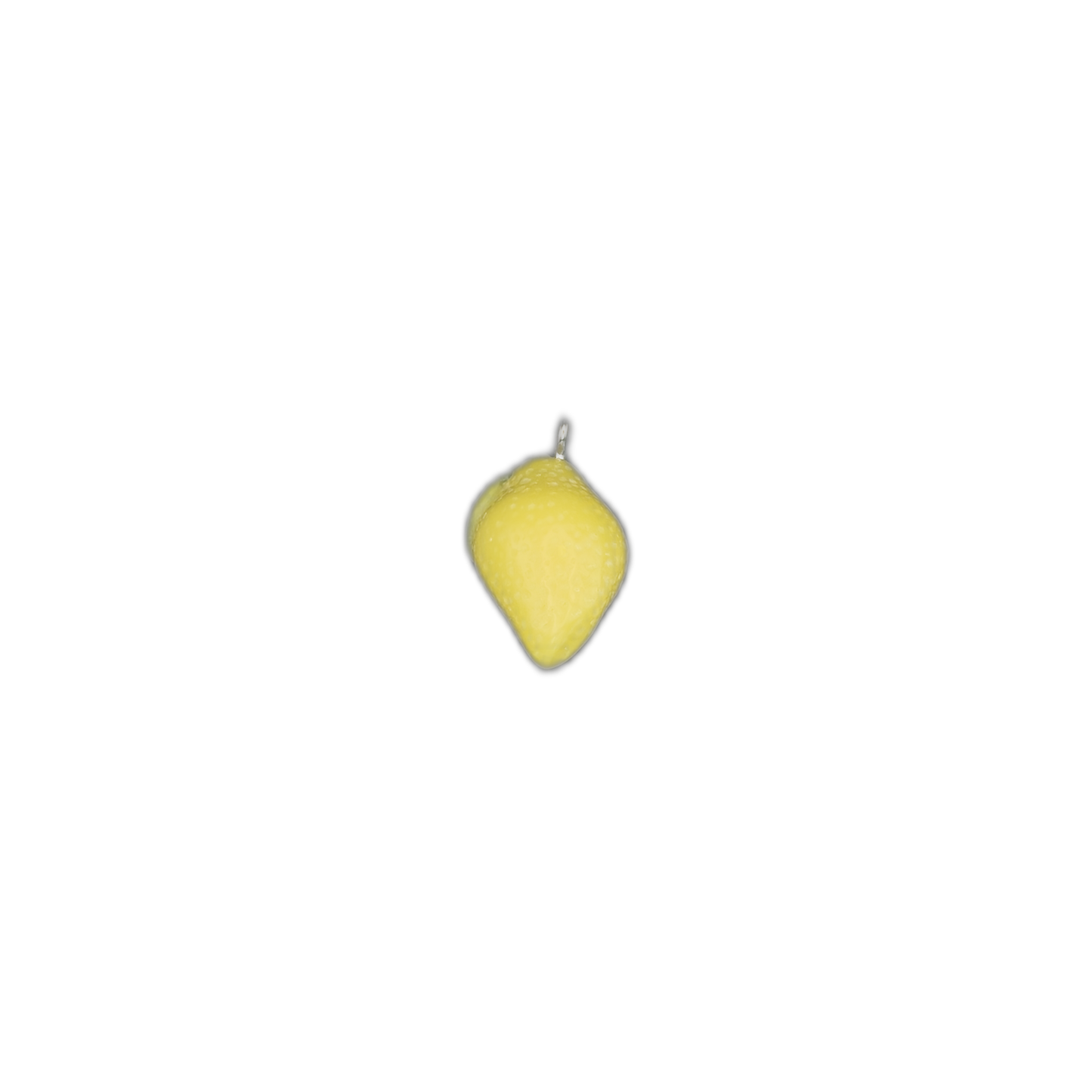 Full view of a yellow lemon fruit charm centered on a black background.